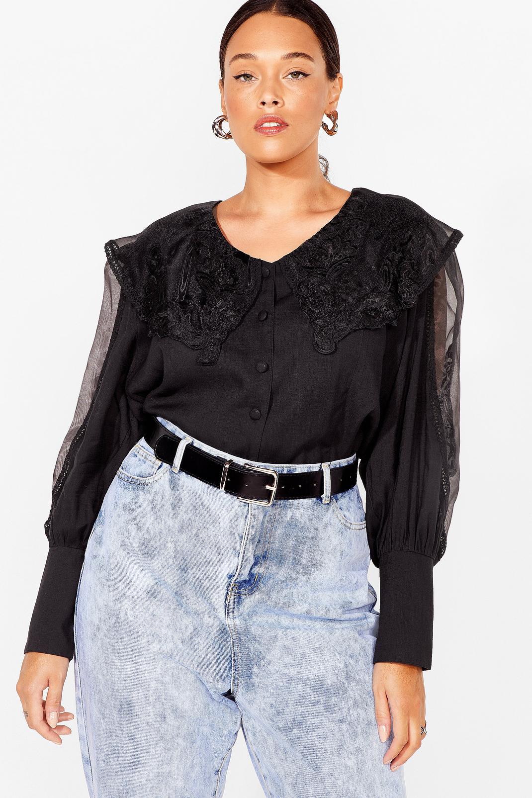 Black Plus Size Statement Collar Embroidered Blouse image number 1