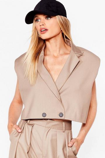 Sleeveless Shoulder Padded Crop Blazer stone