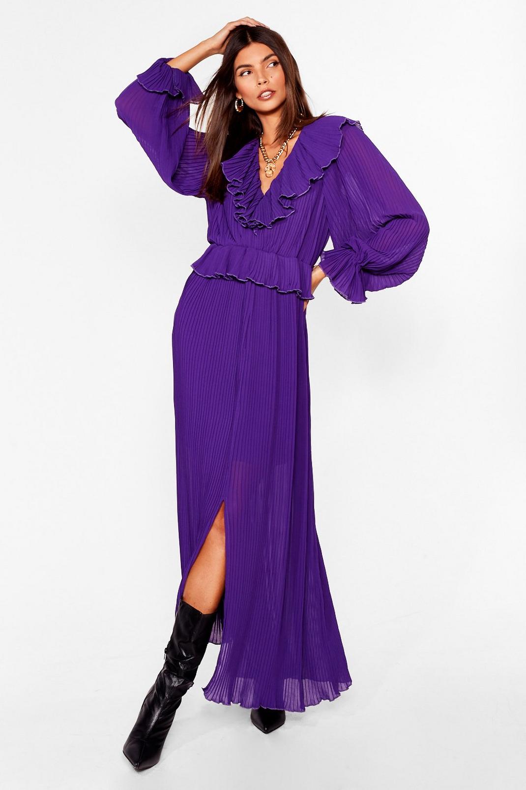 Purple Flowy Pleated Ruffle Maxi Dress image number 1