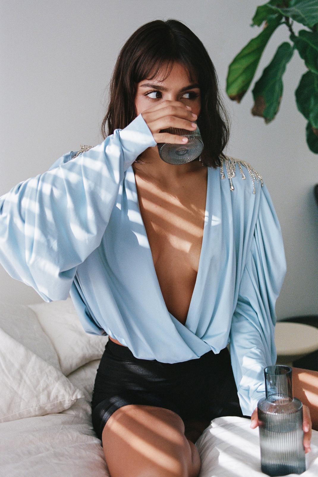 Blue Shine is On Our Side Plunging Diamante Blouse image number 1
