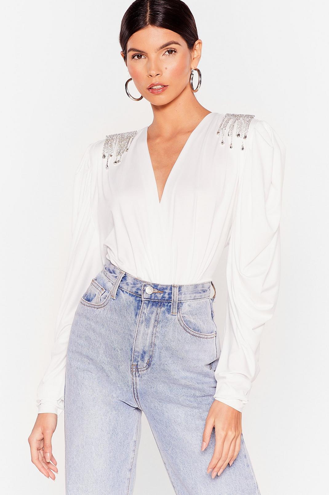 White Shine is On Our Side Plunging Diamante Blouse image number 1