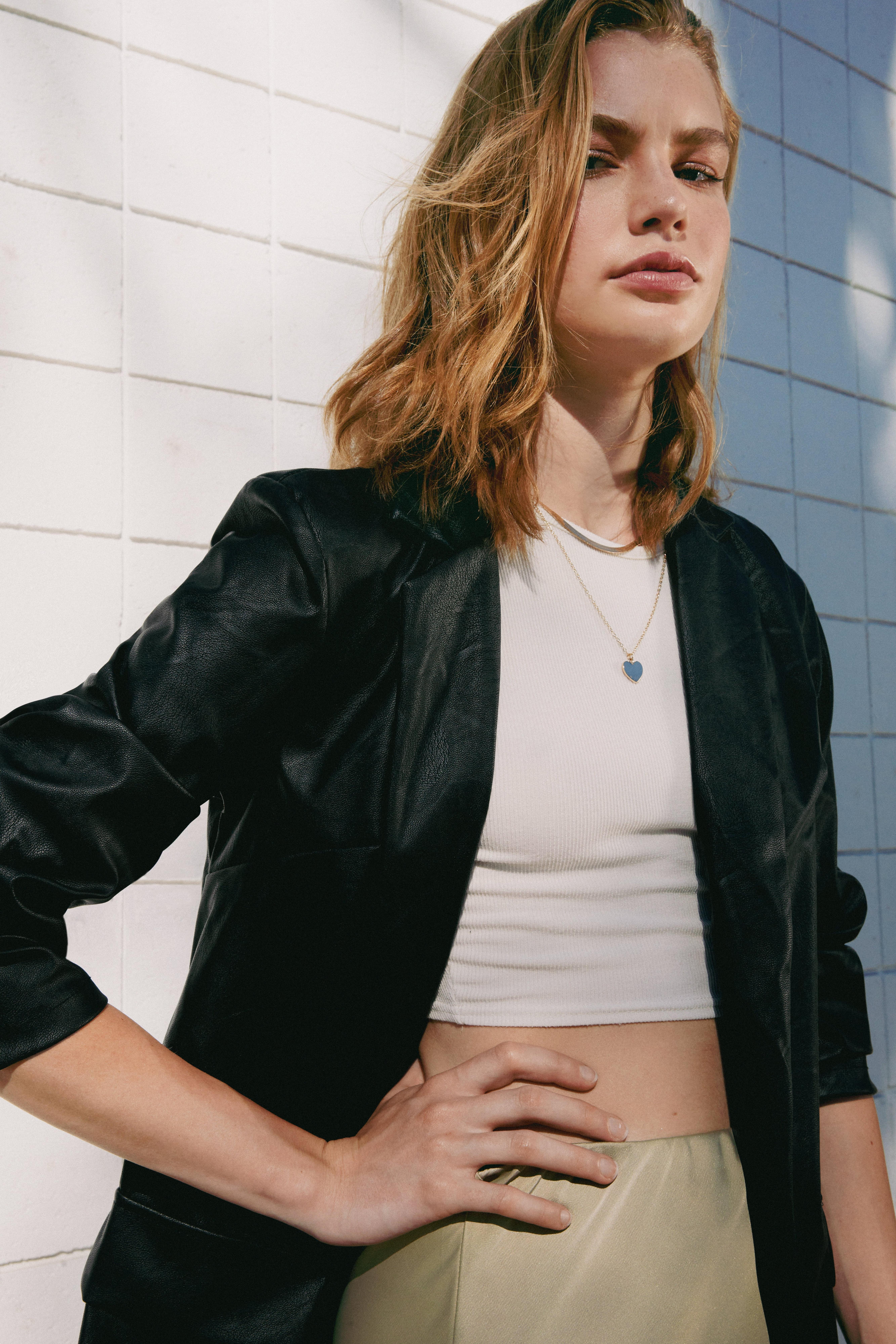 Faux leather open front jacket hotsell