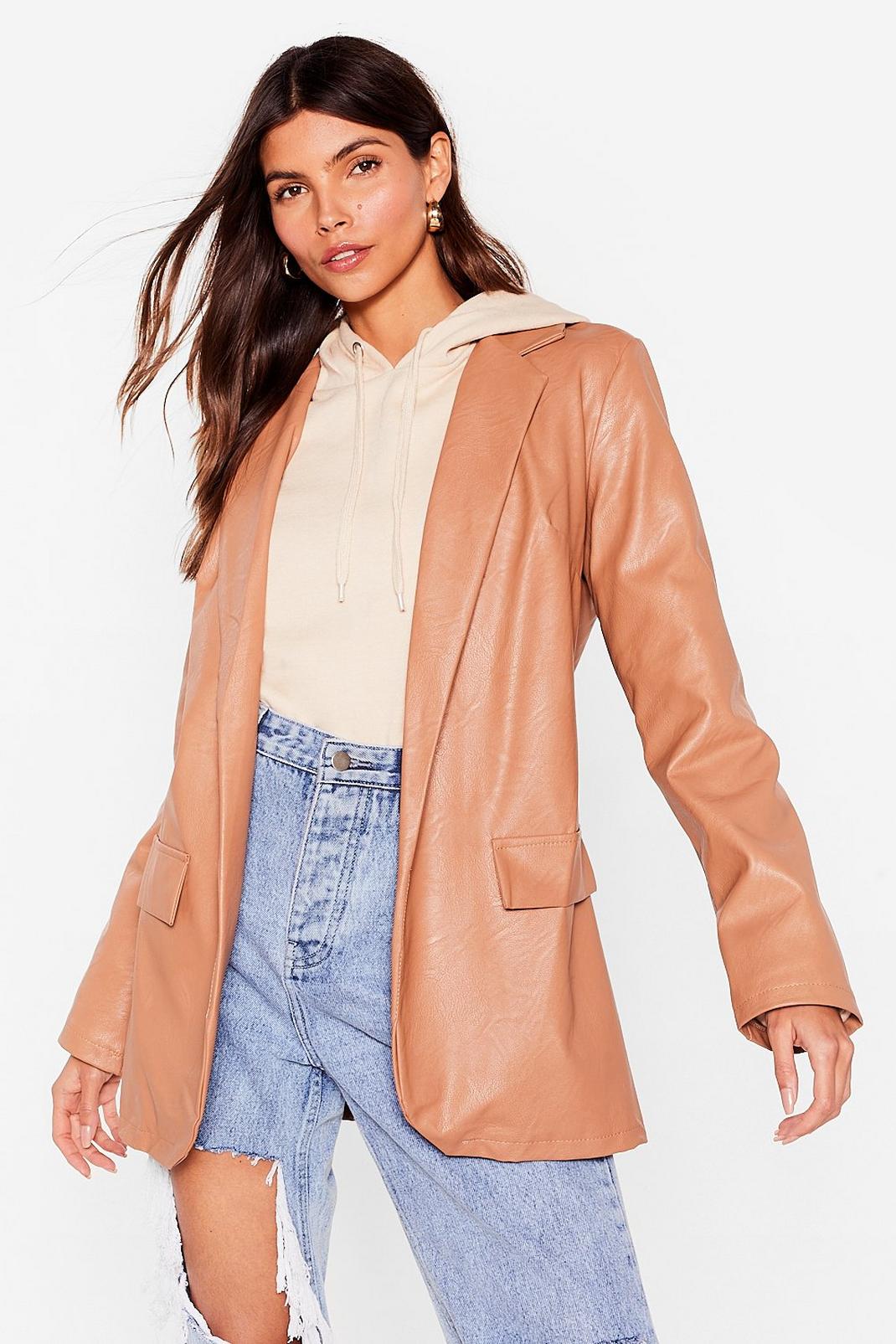 Light brown Faux Leather Open Front Blazer image number 1