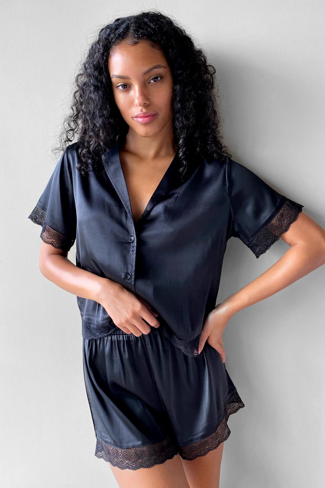 Black Invest in Rest Satin Shirt and Shorts Pajama Set image number 1