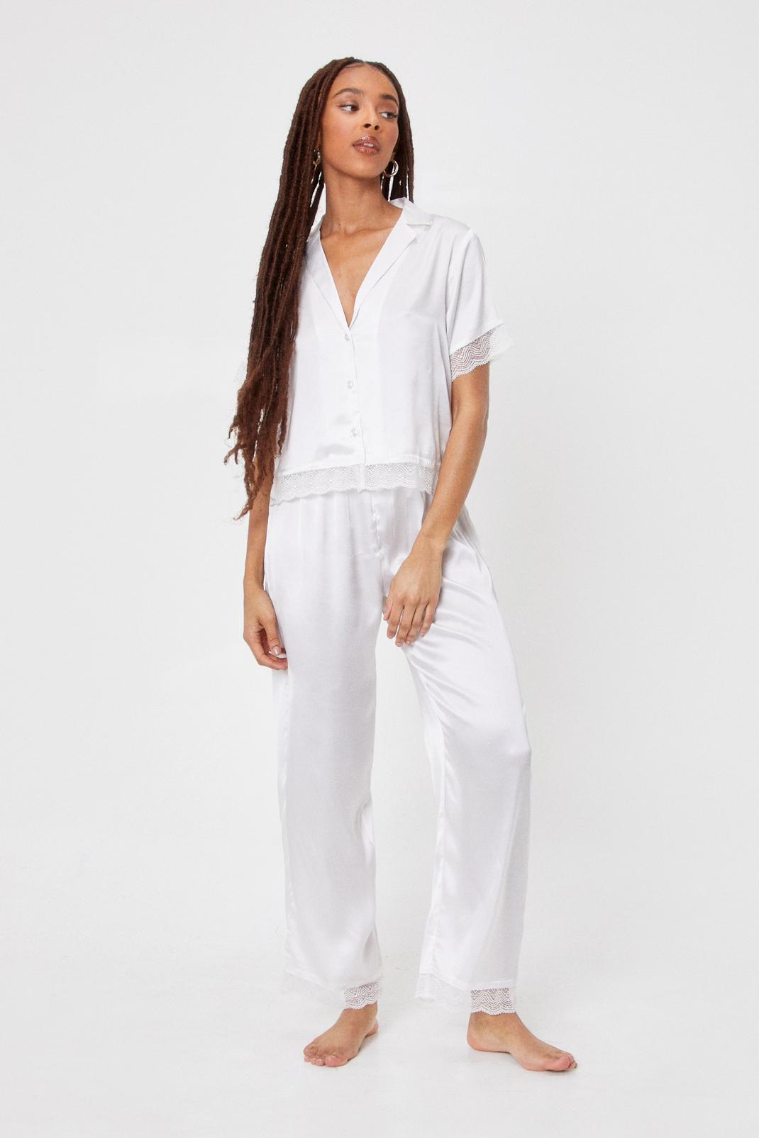 Cream Invest in Rest Satin Lace Trousers Pyjama Set image number 1
