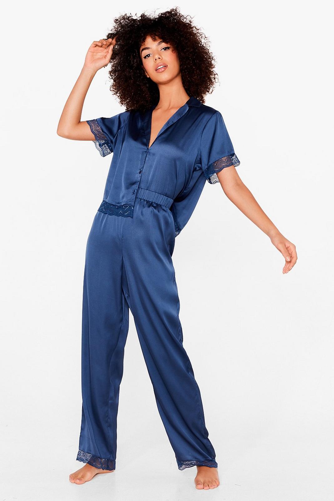 Navy Invest in Rest Satin Lace Trousers Pyjama Set image number 1