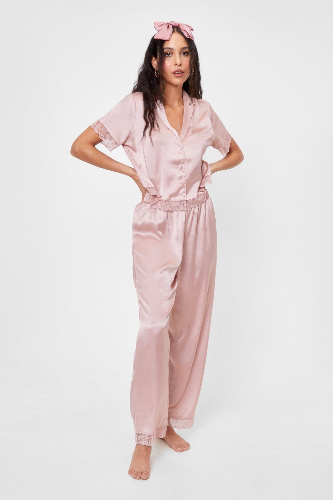 Pink Satin Lace Pants Pyjama Set image number 1