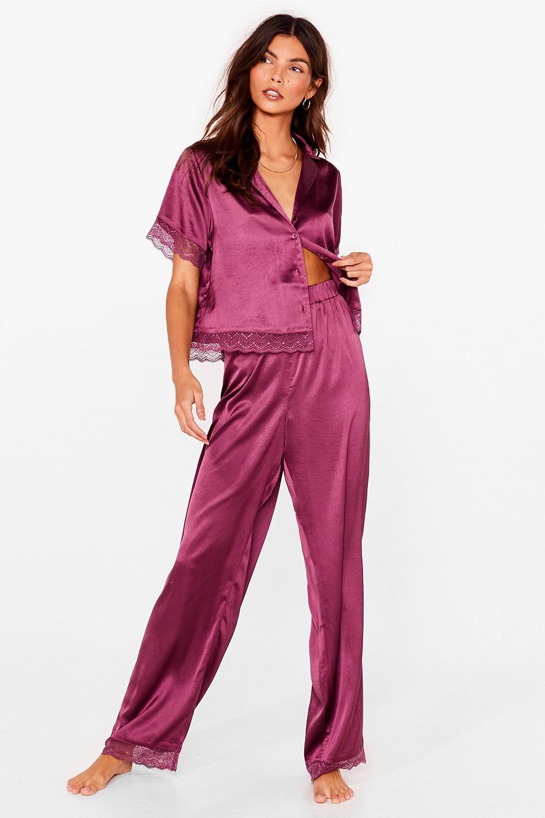 Plum Satin Lace Pants Pajama Set image number 1