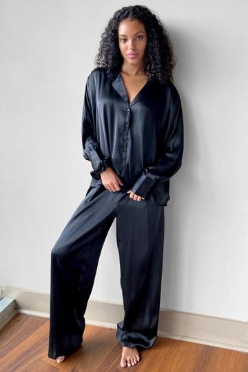 Black Satin 3 Pc Shirt Pants and Scrunchie Pajama Set