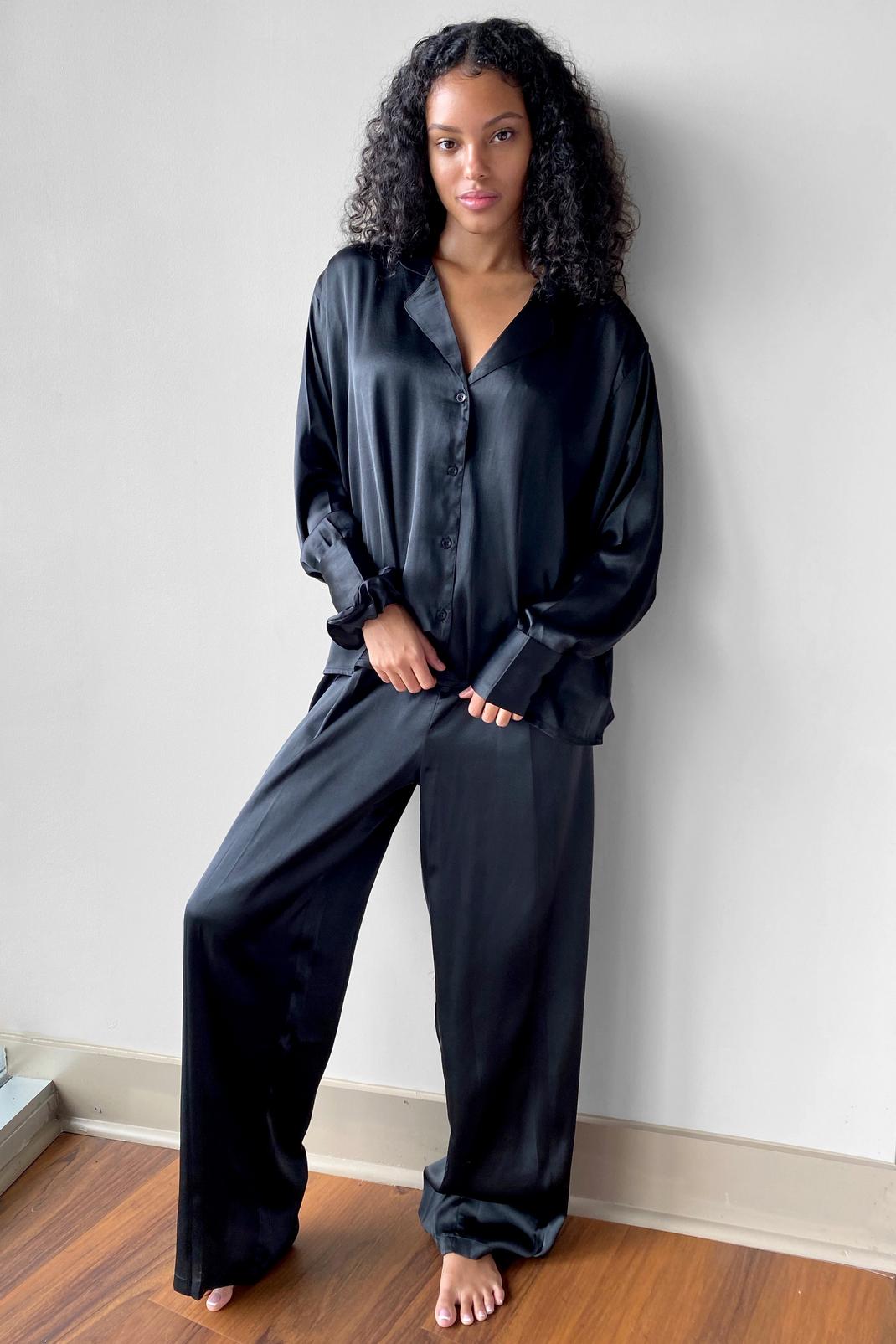 Pyjama satiné oversize chemise & pantalon , Black image number 1