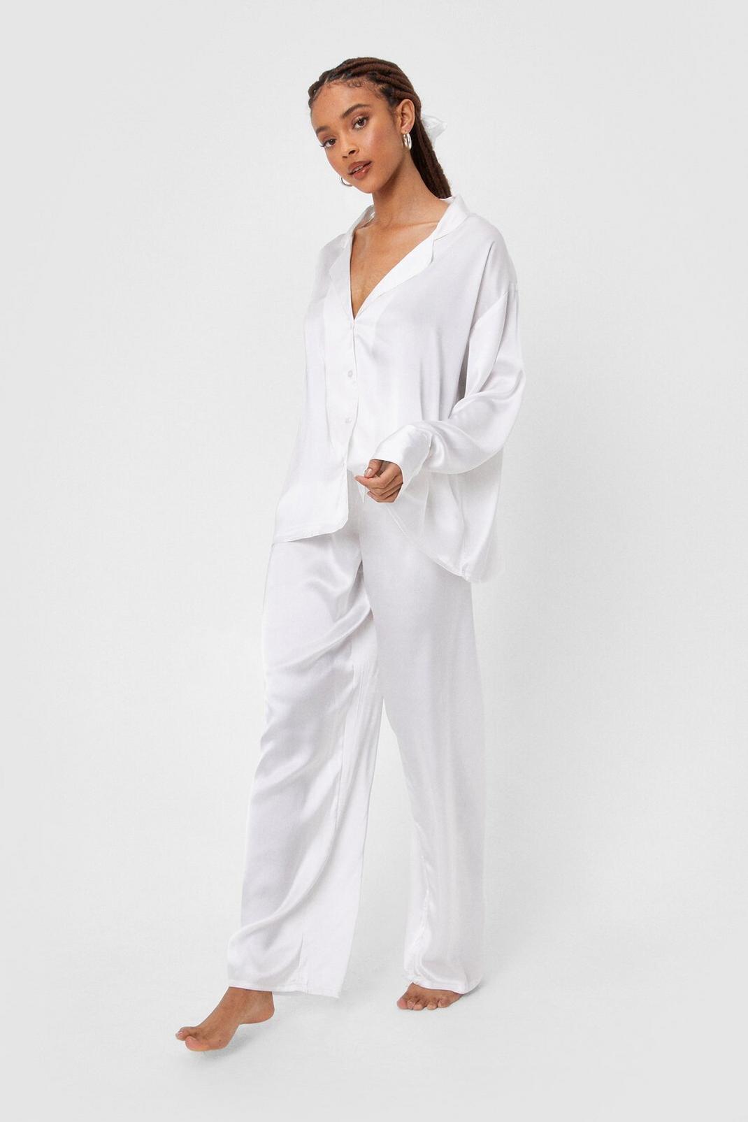 Cream Oversized Satin Pajama Shirt and Pants Set image number 1