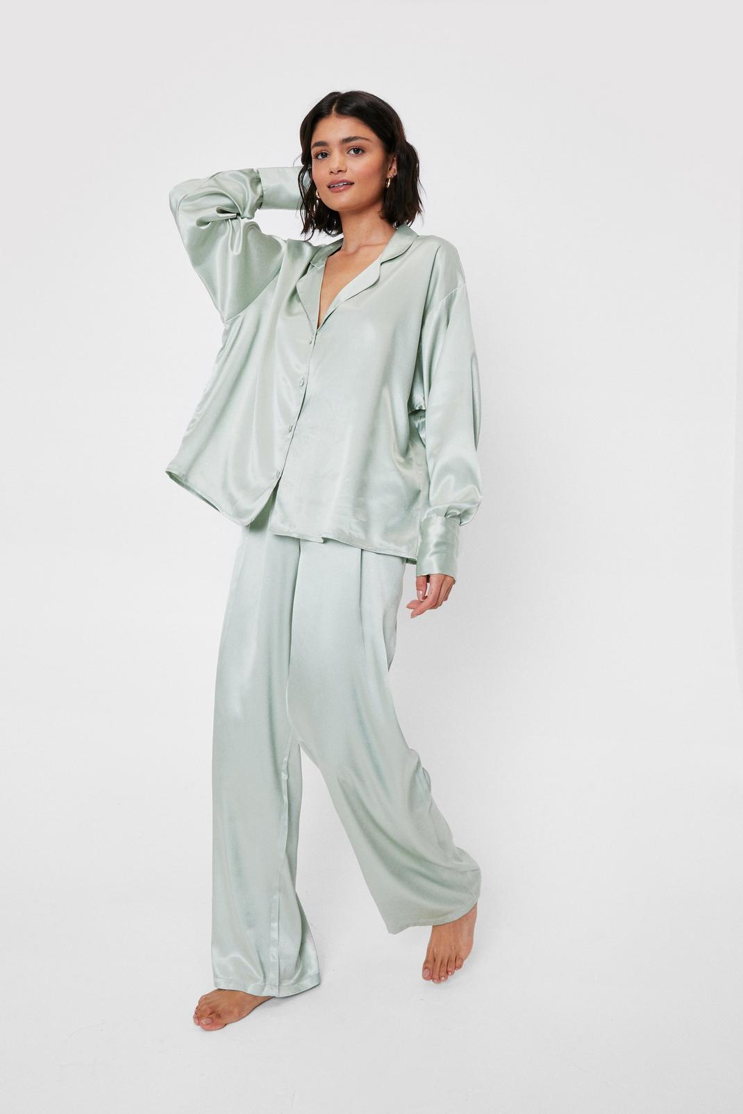 Green Satin 3 Pc Shirt Trousers and Scrunchie Pyjama Set image number 1