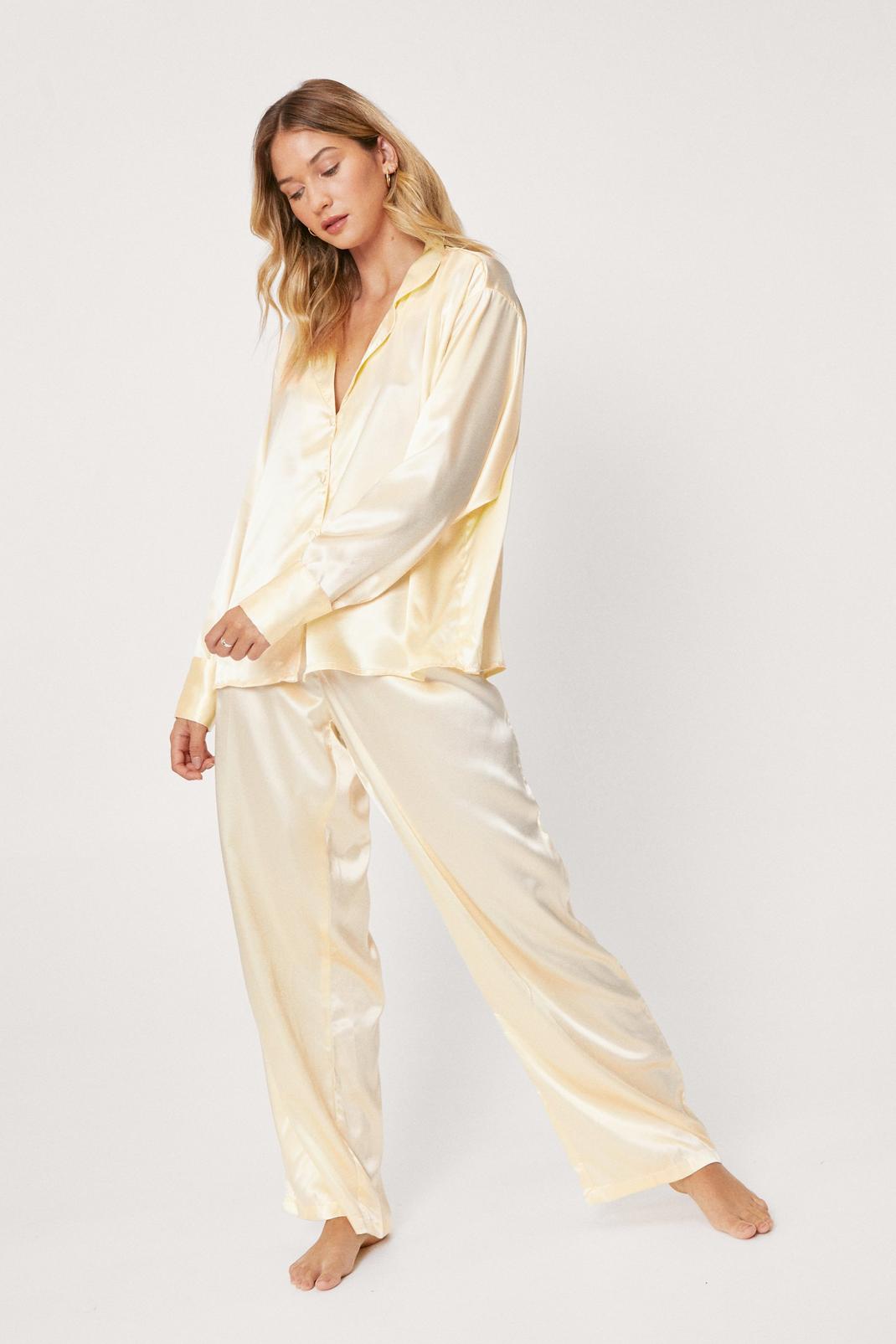 Lemon Oversized Satin Pajama Shirt and Pants Set image number 1