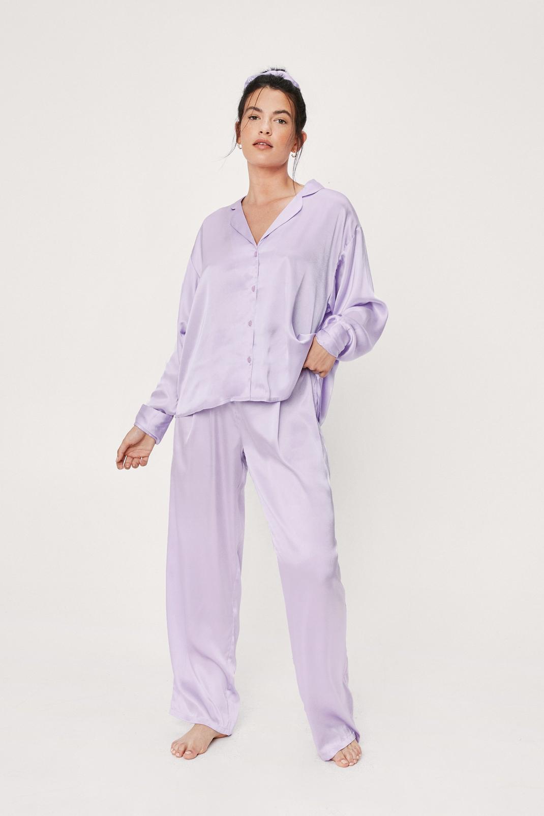 Lilac Satin 3 Pc Shirt Trousers and Scrunchie Pyjama Set image number 1