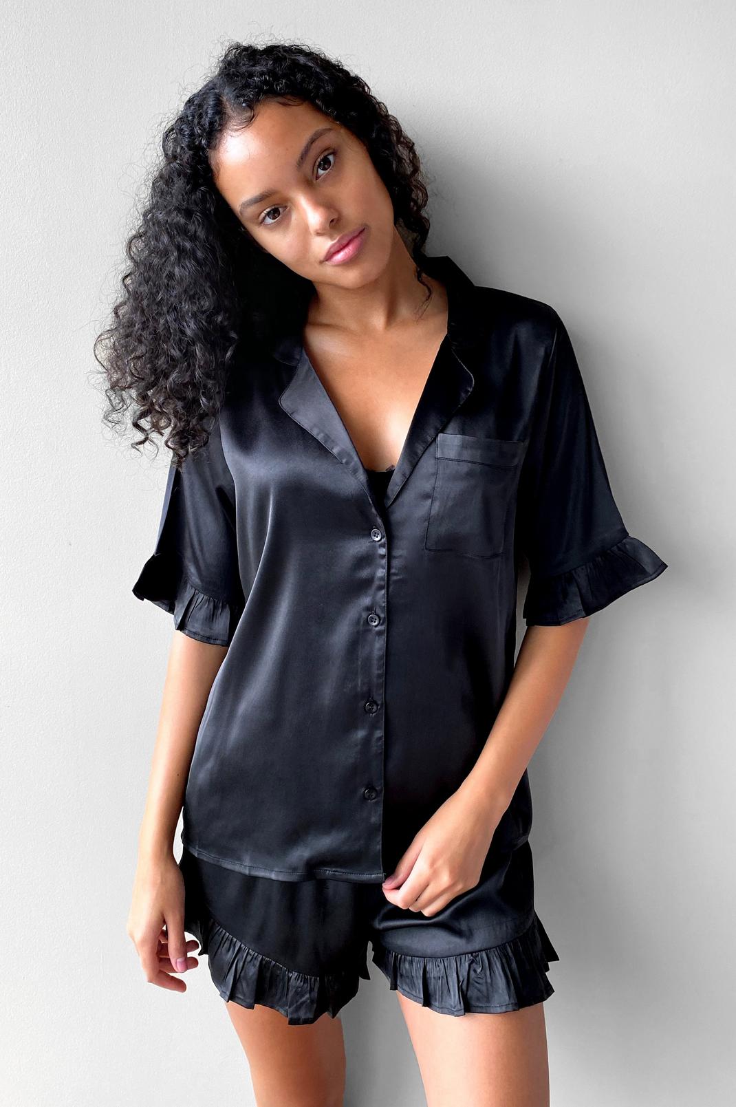 Black Satin Ruffle Pajama Shirt and Shorts Set image number 1