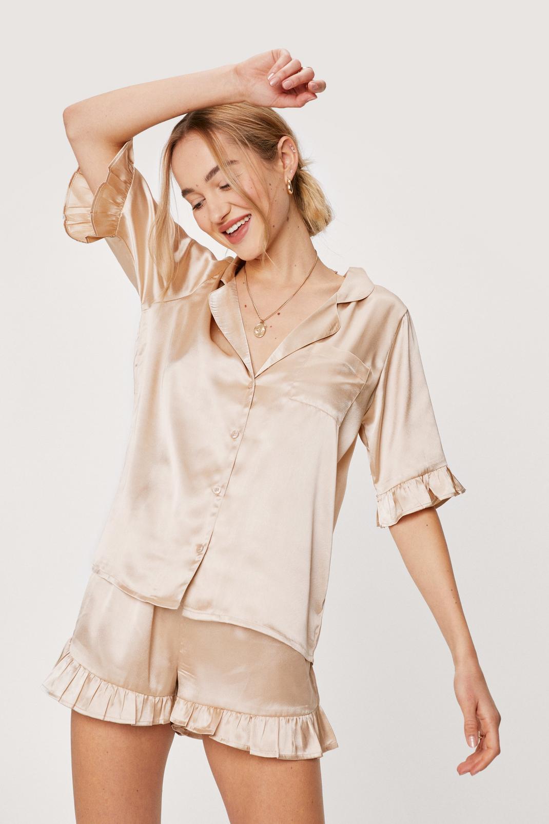 Women's Silk Satin Pajamas Set Ruffle Short Sleeve Sleepwear