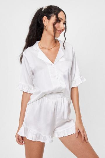 Cream White Satin Ruffle Pajama Shirt and Shorts Set