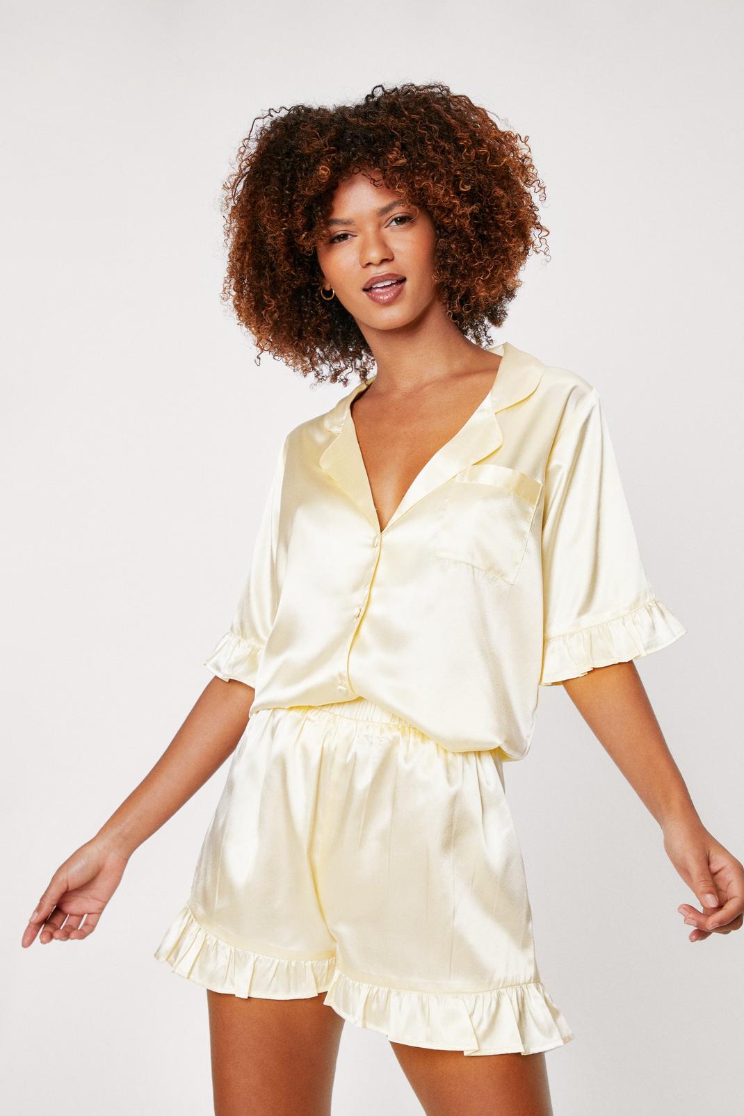 Lemon Satin Ruffle Pajama Shirt and Shorts Set image number 1