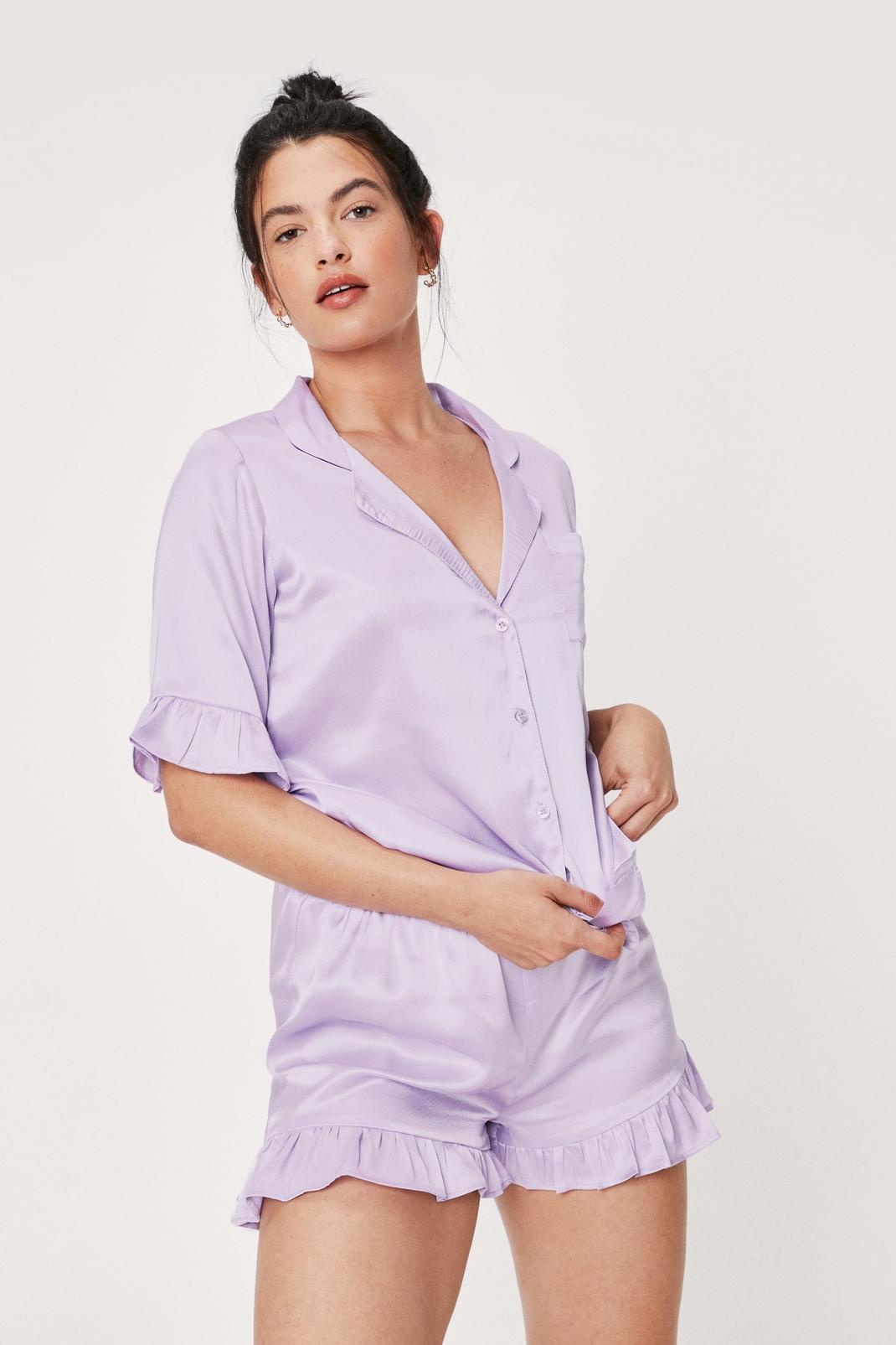 Lilac Satin Ruffle Pyjama Shirt and Shorts Set image number 1