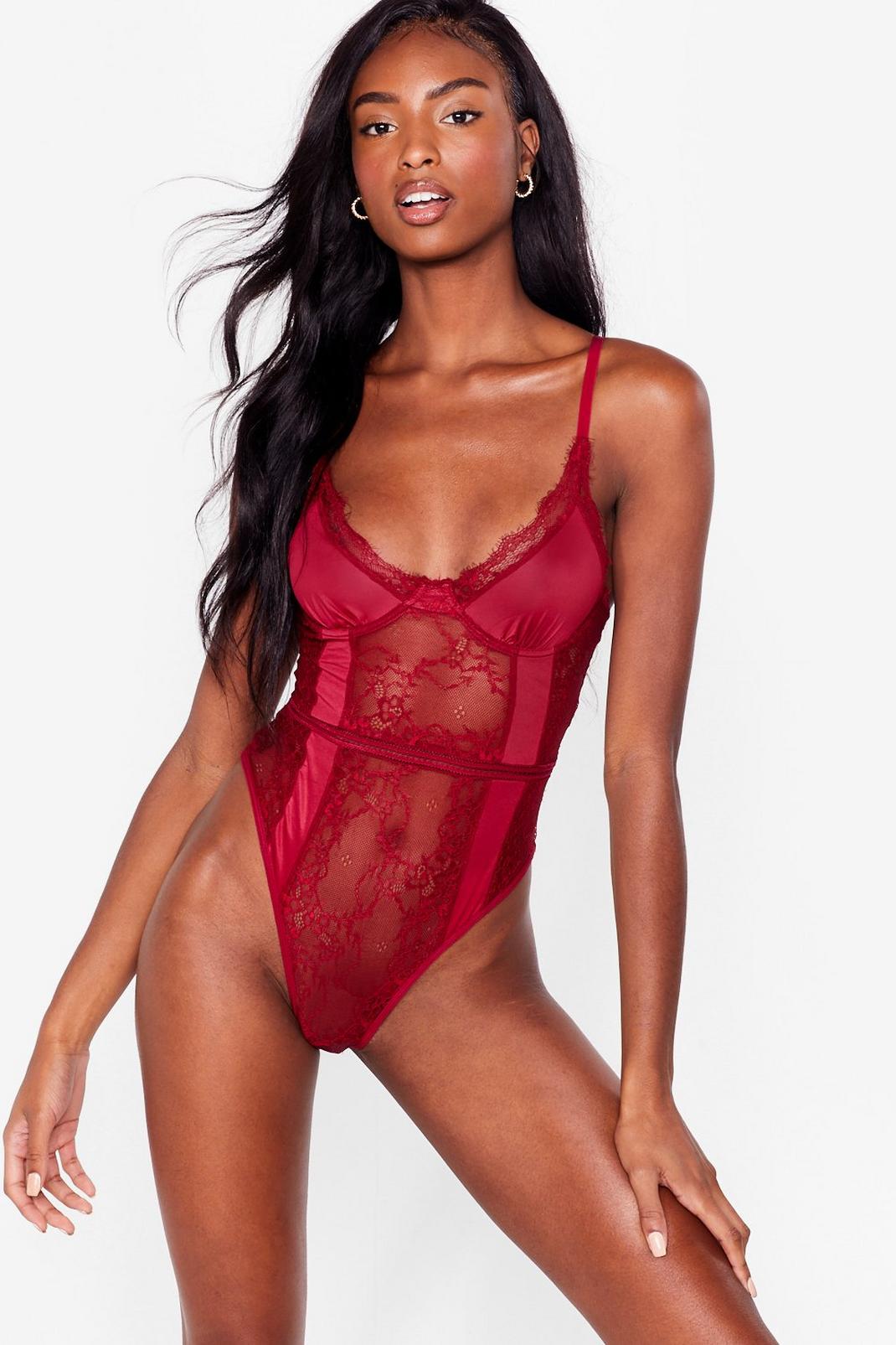 Wine Watch This Lace Cupped High-Leg Bodysuit image number 1
