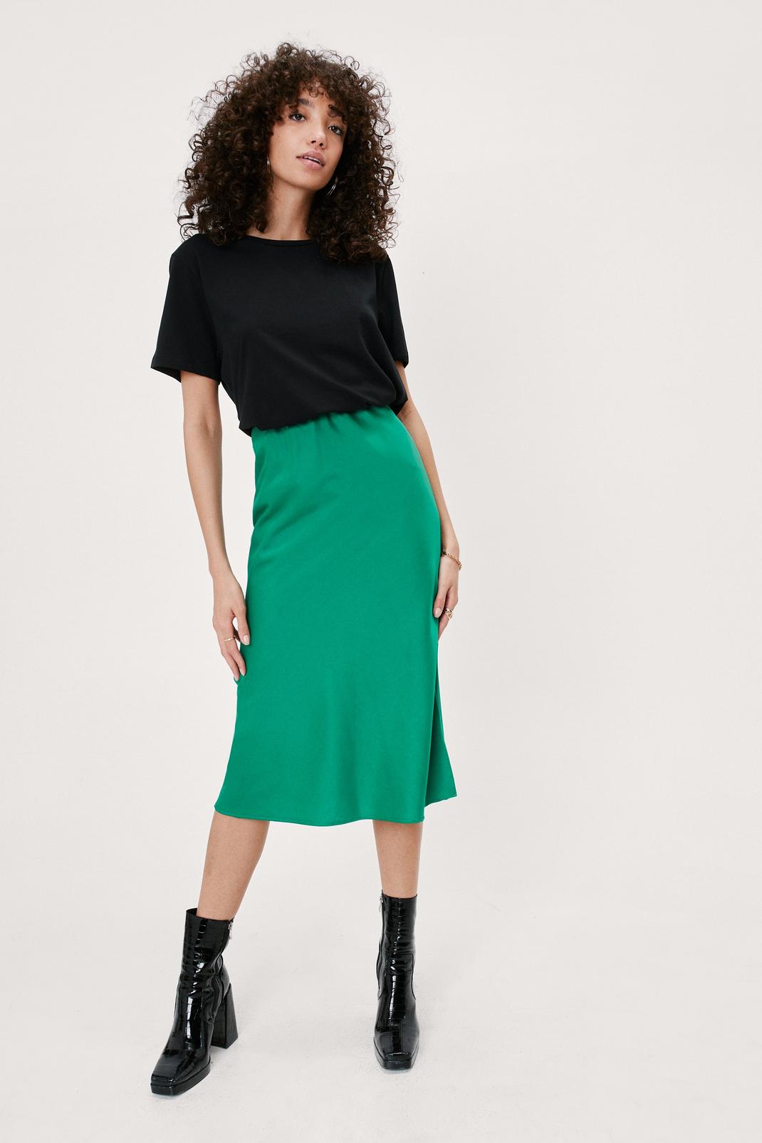 Bright green Satin High Waisted Midi Skirt image number 1