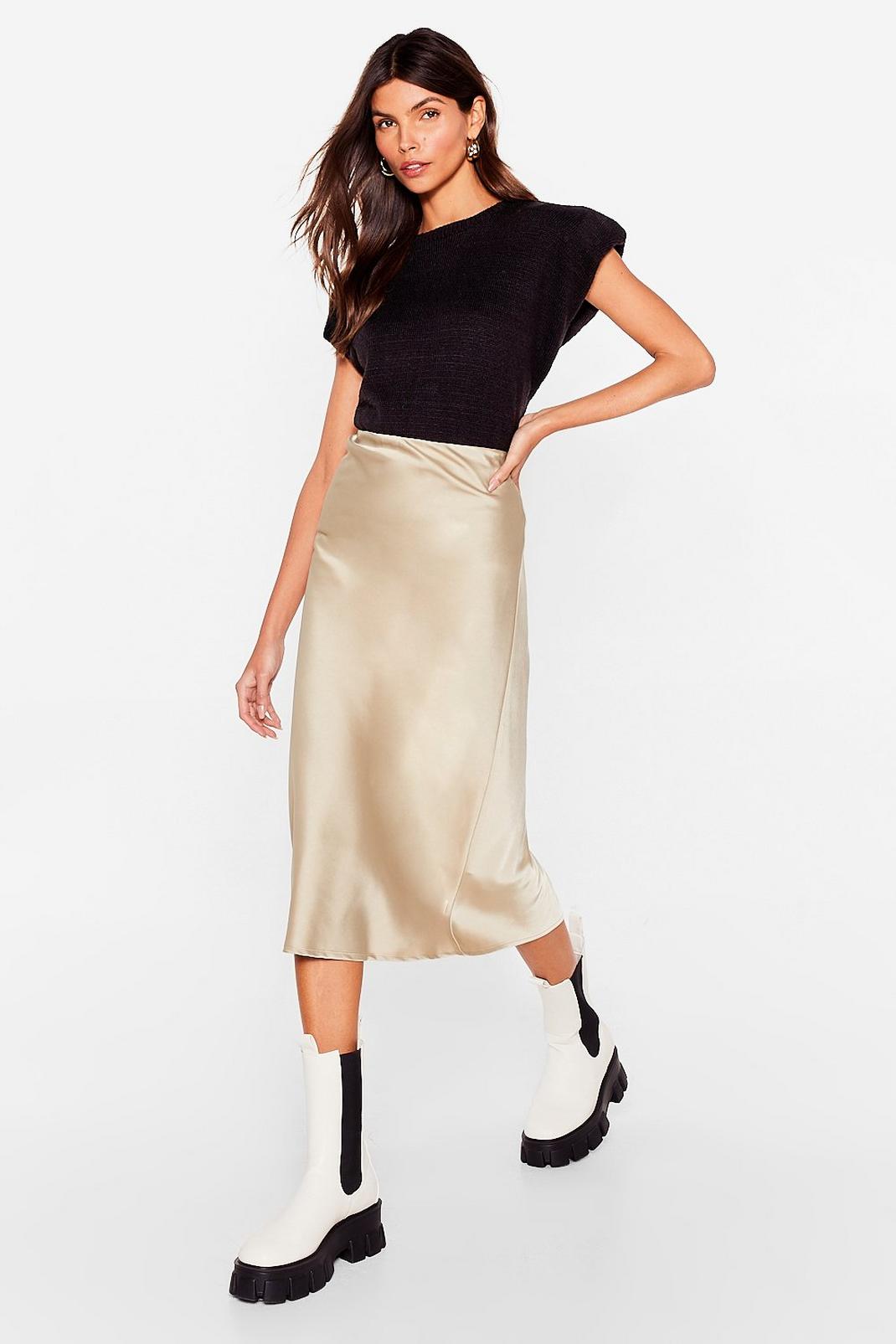 Stone Satin Slinky Bias Cut Midi Skirt image number 1