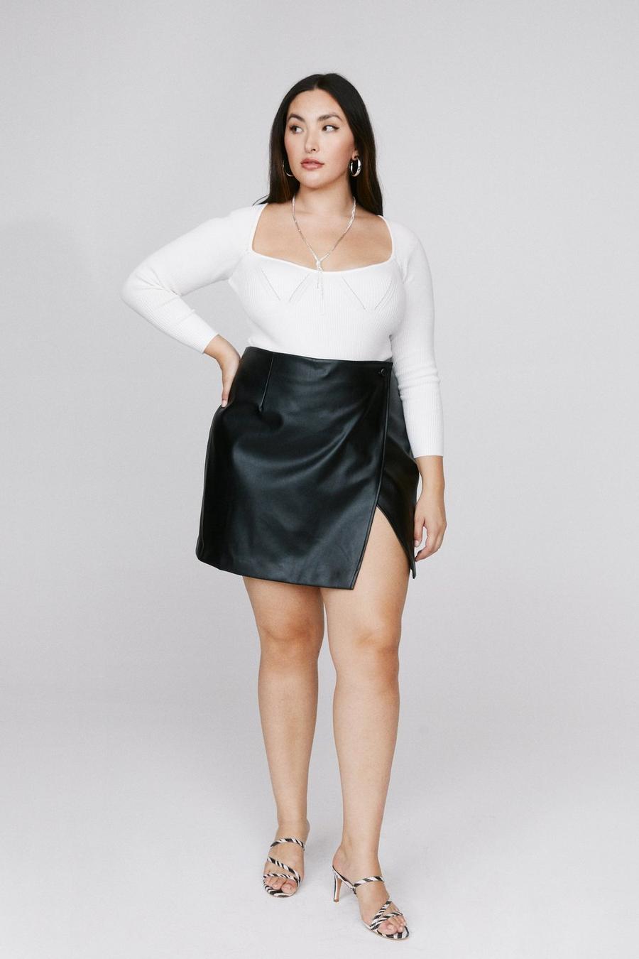 Plus Size Faux Leather Slit Mini Skirt