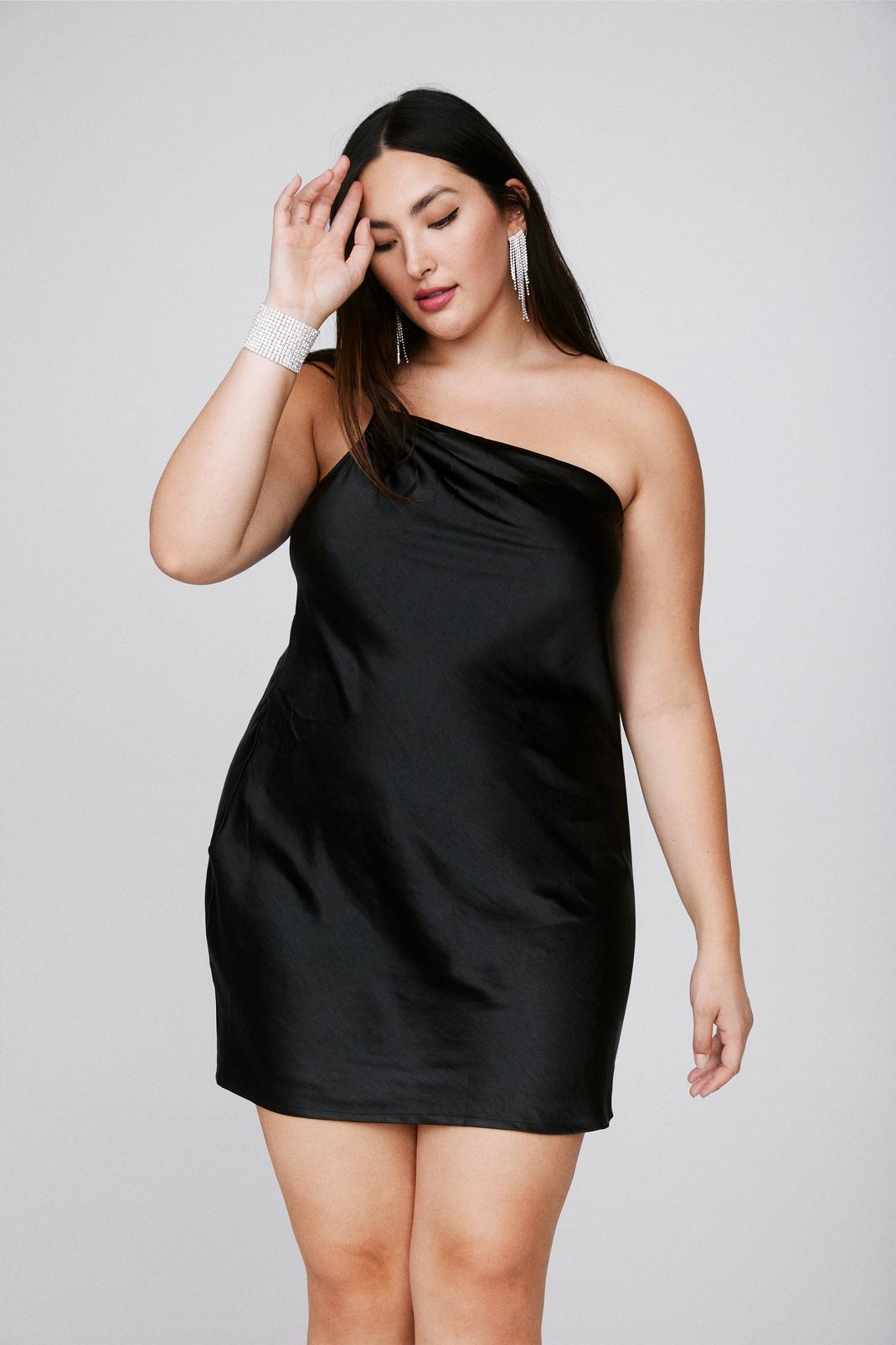Black Plus Size Satin One Shoulder Mini Dress image number 1