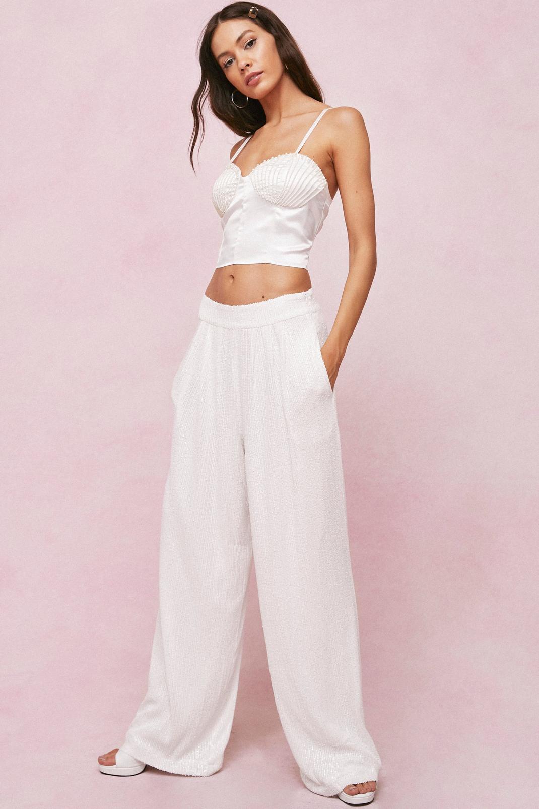 White Sequin Detail High Waisted Wide Leg Trousers image number 1