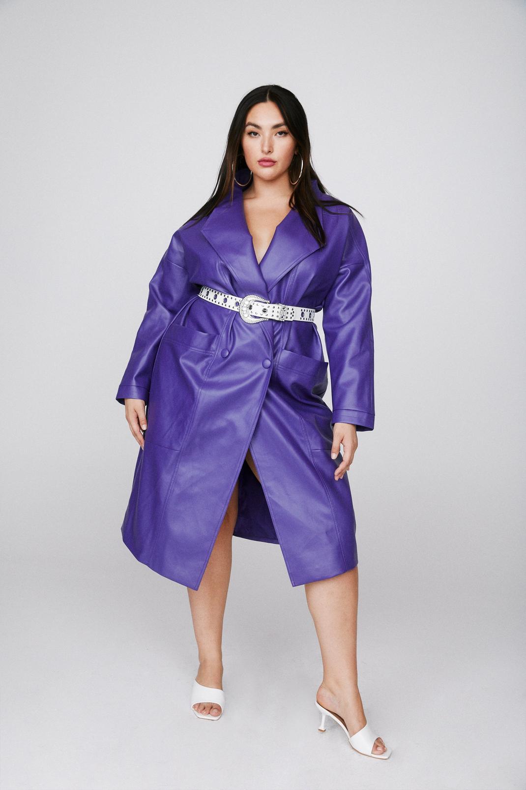 Purple Plus Size Faux Leather Longline Coat image number 1