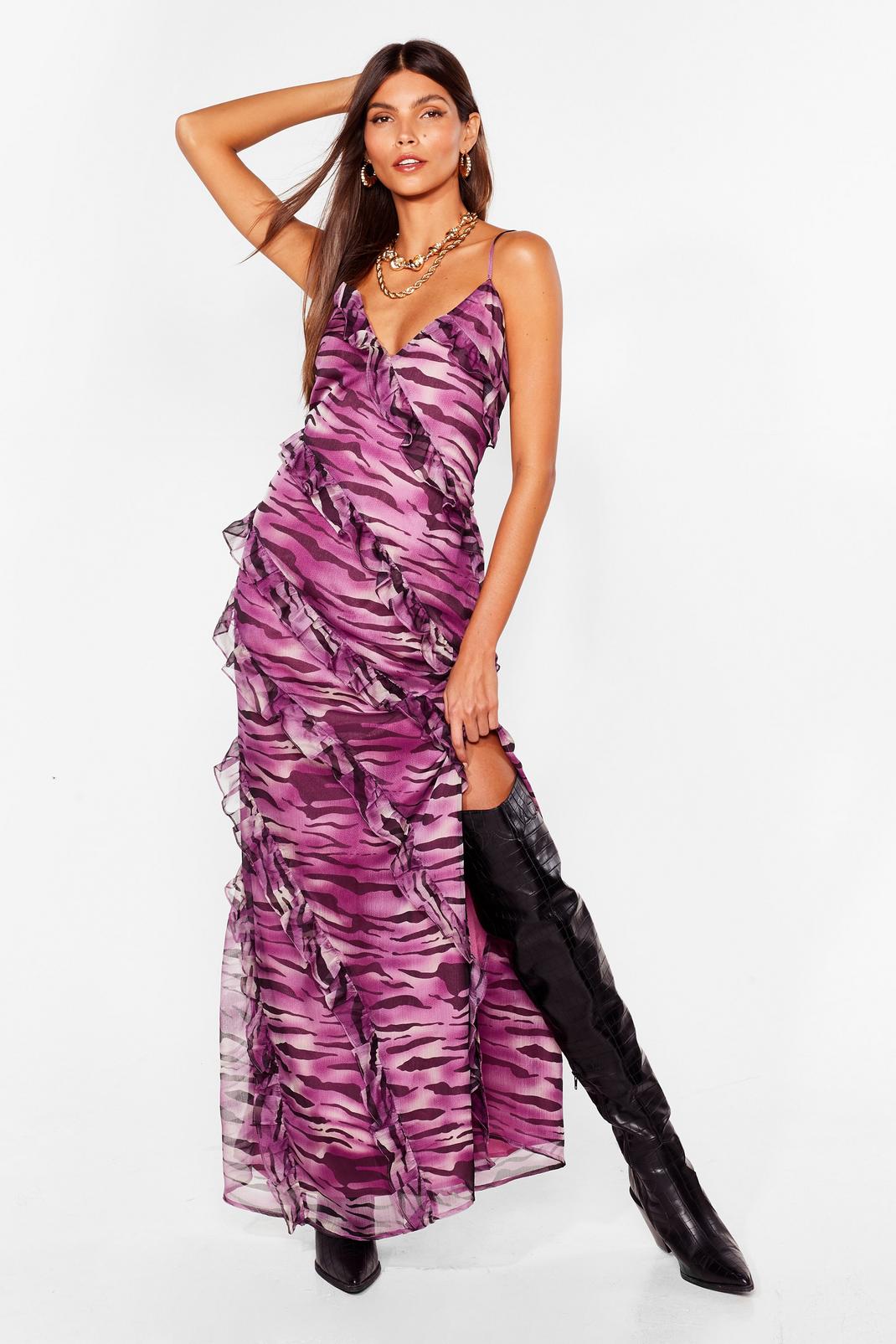 Purple Zebra Spaghetti Strap Slit Maxi Dress image number 1