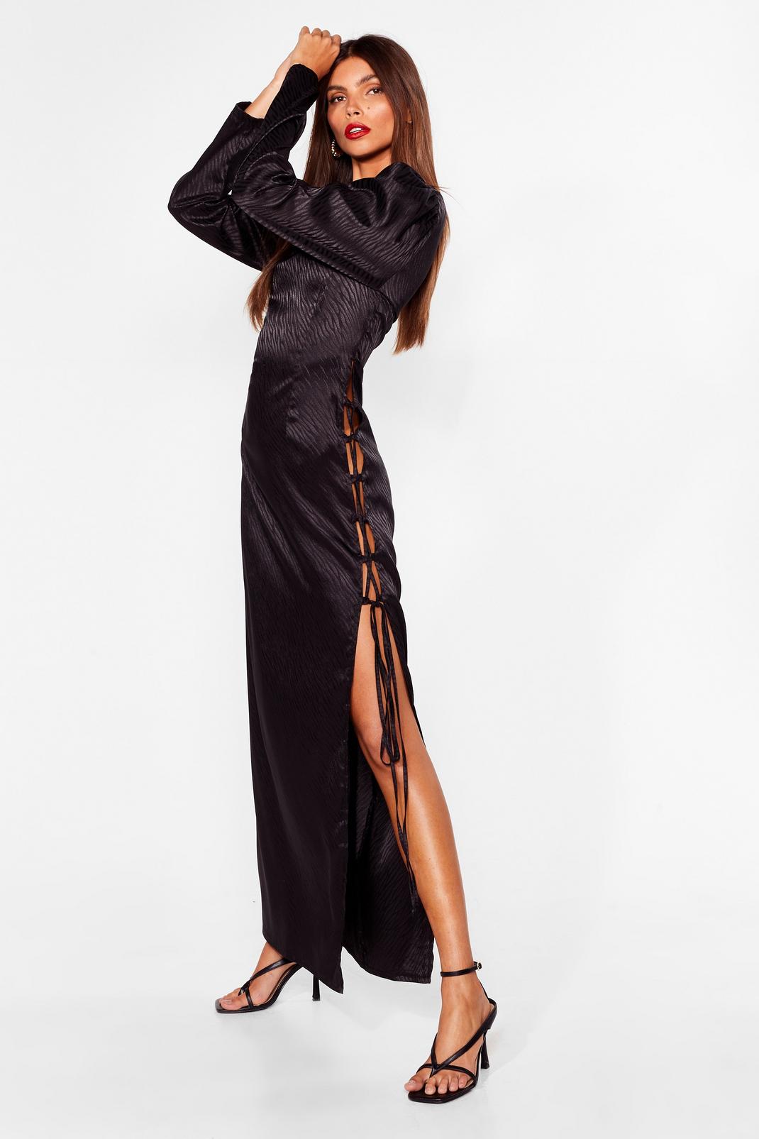 Black Jacquard Long Sleeve Lace Up Midaxi Dress  image number 1