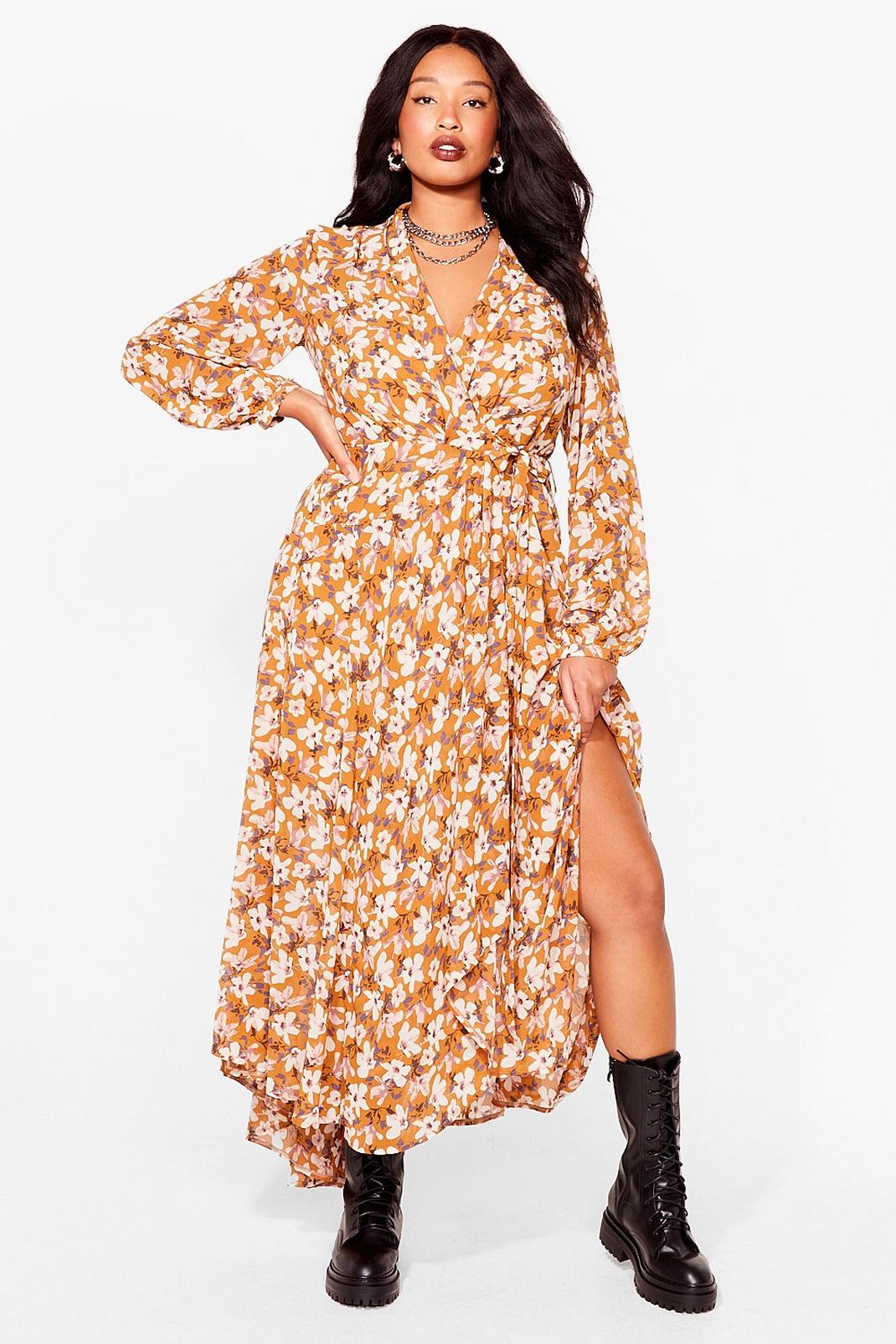 Mustard Plus Size Floral Long Sleeve Maxi Slit Dress image number 1
