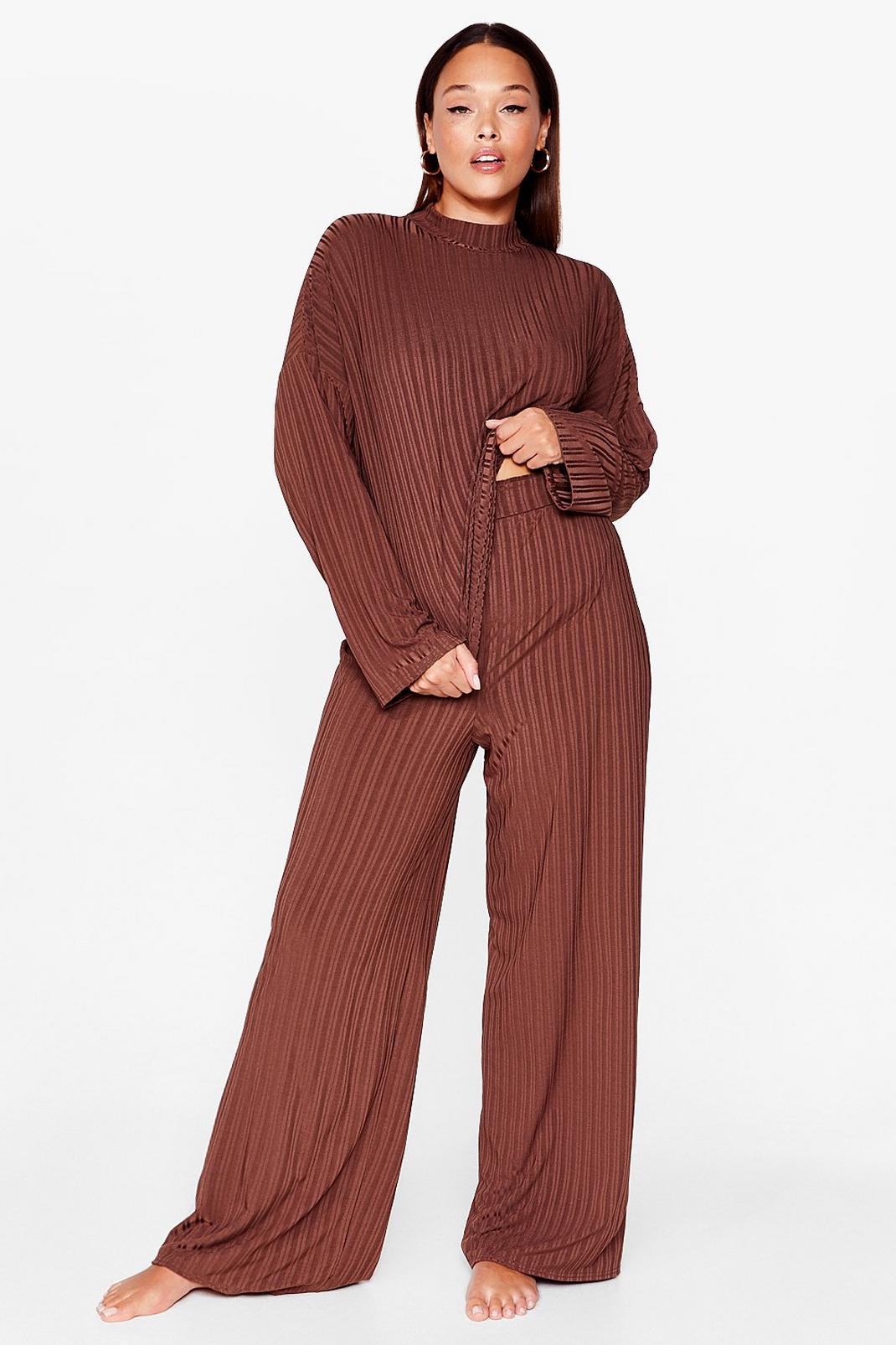 Chocolate Plus Size Ribbed Wide Leg Pants Set image number 1