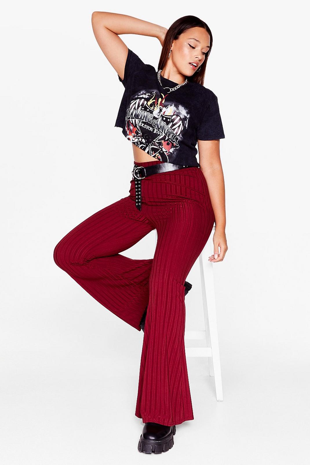 Burgundy Flare Your Thoughts Plus Ribbed Pants image number 1