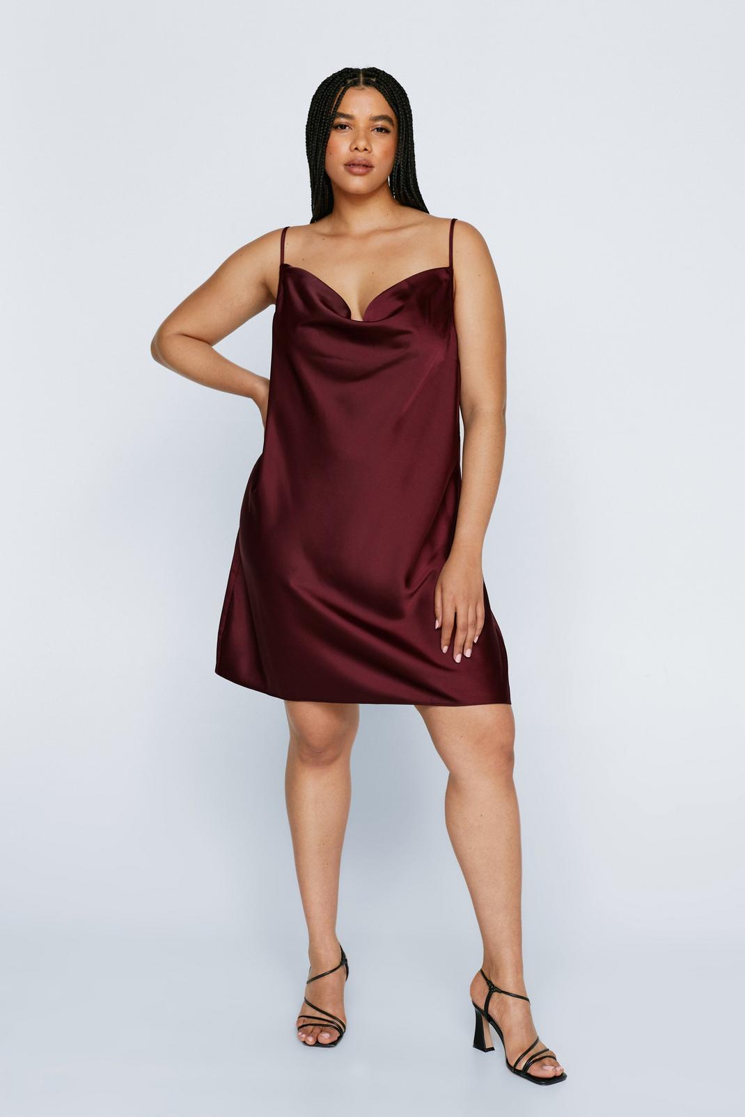 Chocolate Sought After Plus Size Satin Cowl Dress image number 1
