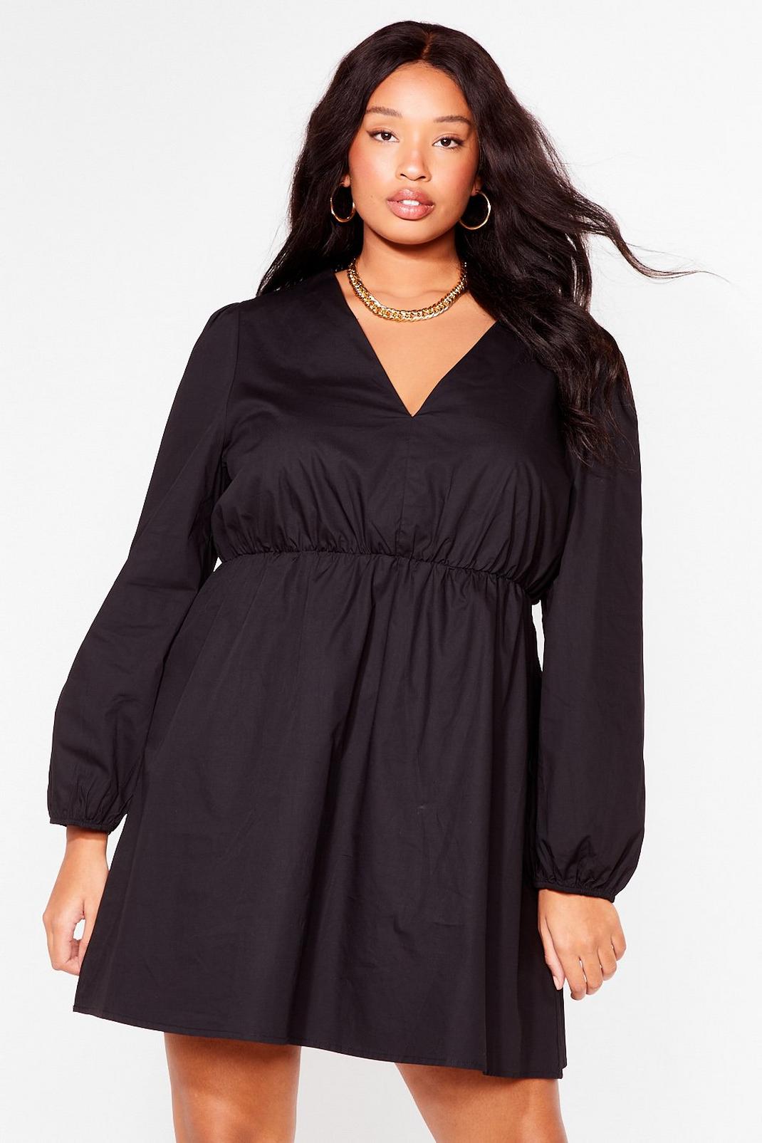 Black Plus Size V Neck Long Sleeve Mini Dress image number 1