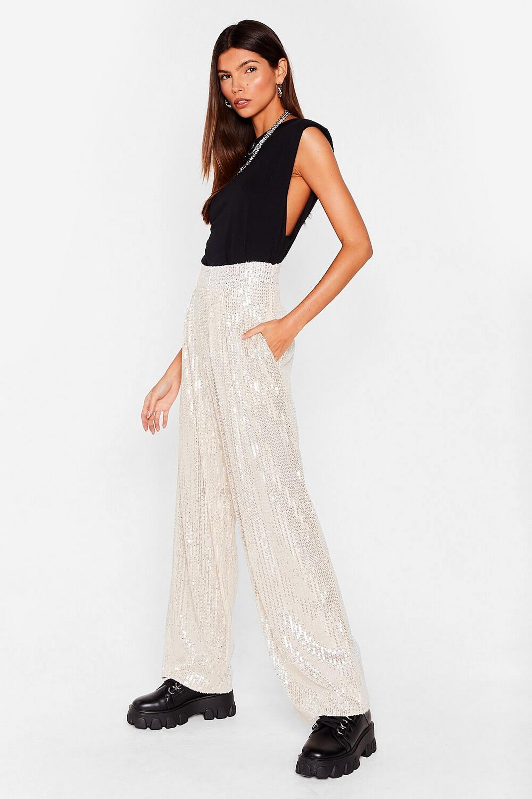 silver sequin wide leg trousers