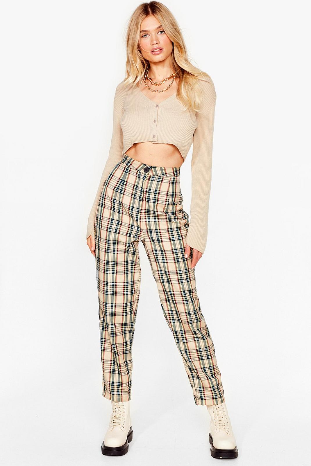 Beige Check Button High Waisted Trousers image number 1