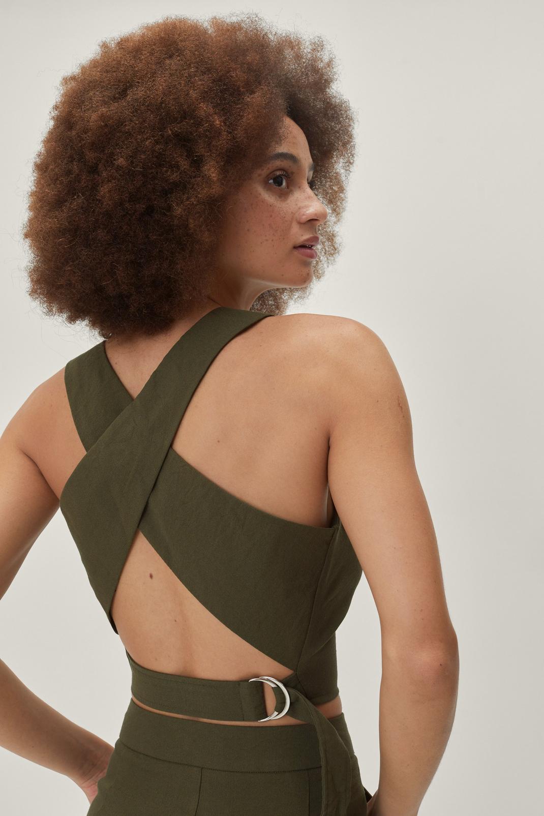 Khaki High Neck Crossover Strap Crop Top image number 1