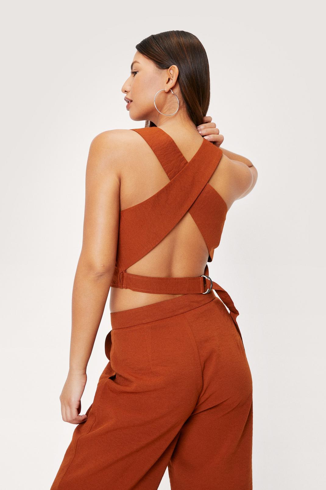 Rust High Neck Crossover Strap Crop Top image number 1