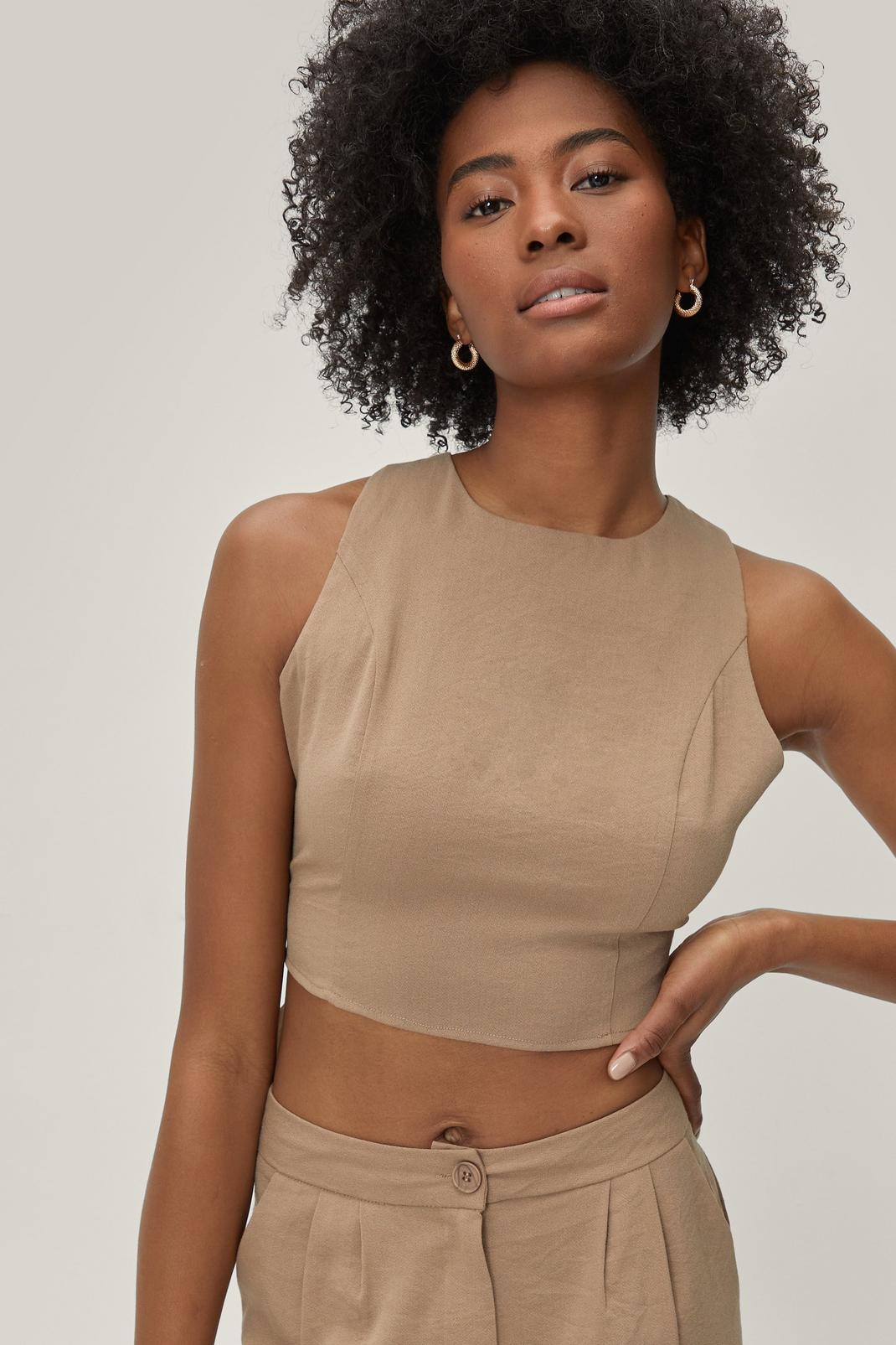 Taupe High Neck Crossover Strap Crop Top image number 1