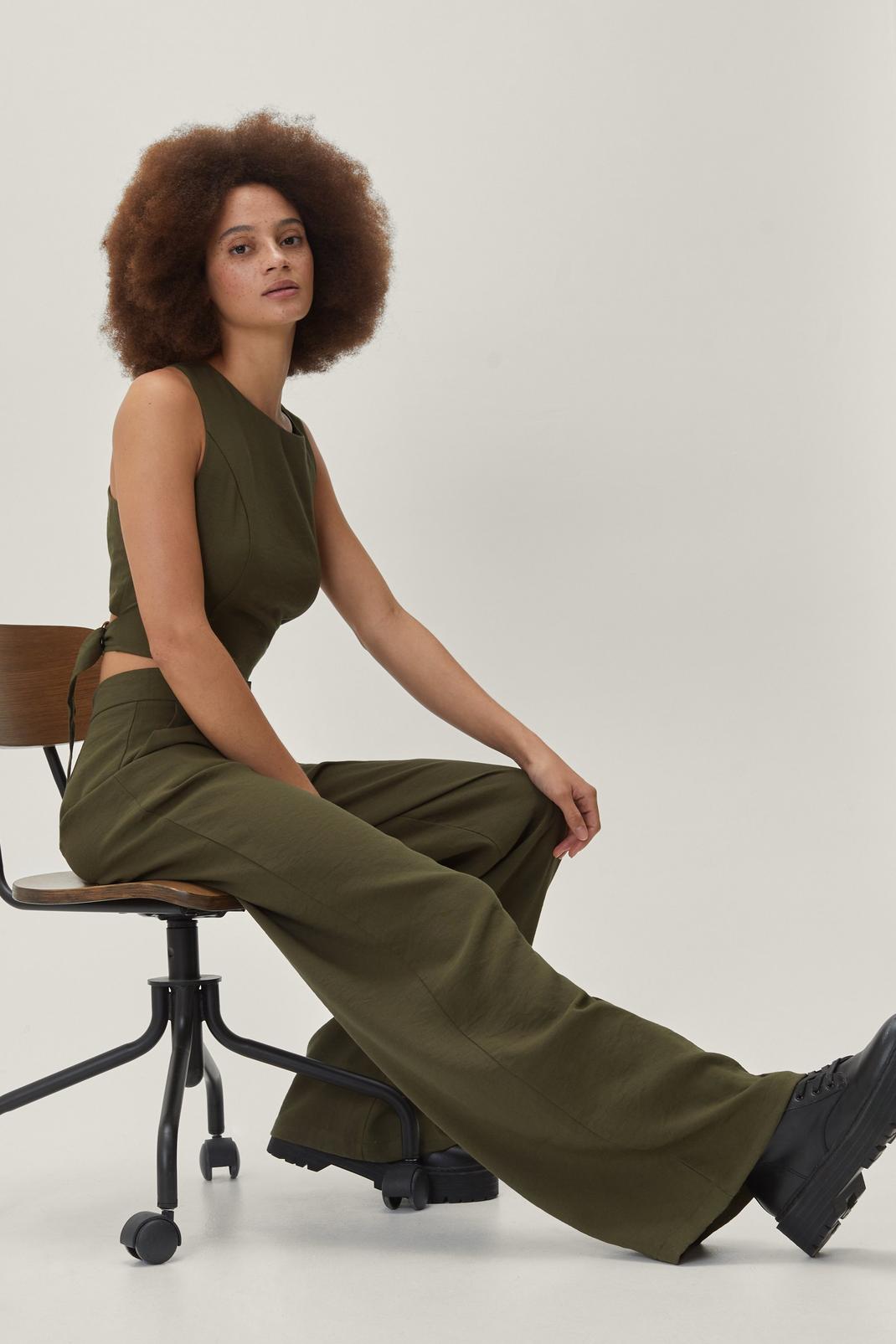 Khaki High Waisted Tailored Wide Leg Trousers image number 1