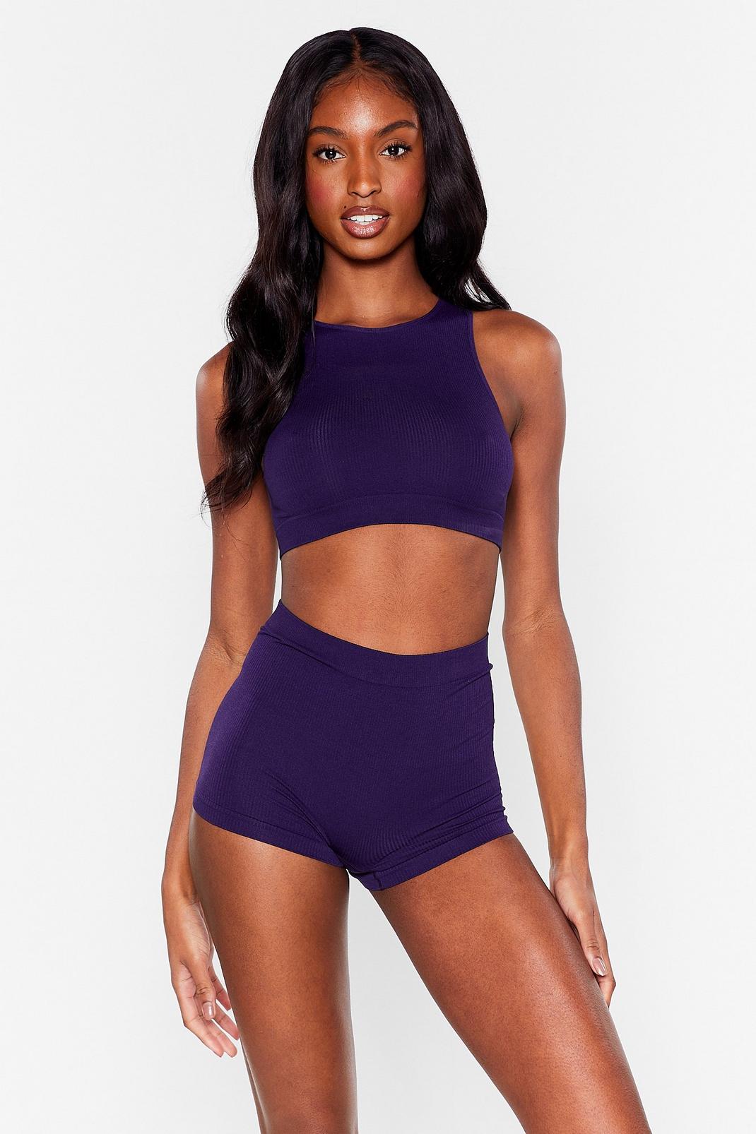 Purple Seamless Ribbed High Waisted Boxer Shorts image number 1
