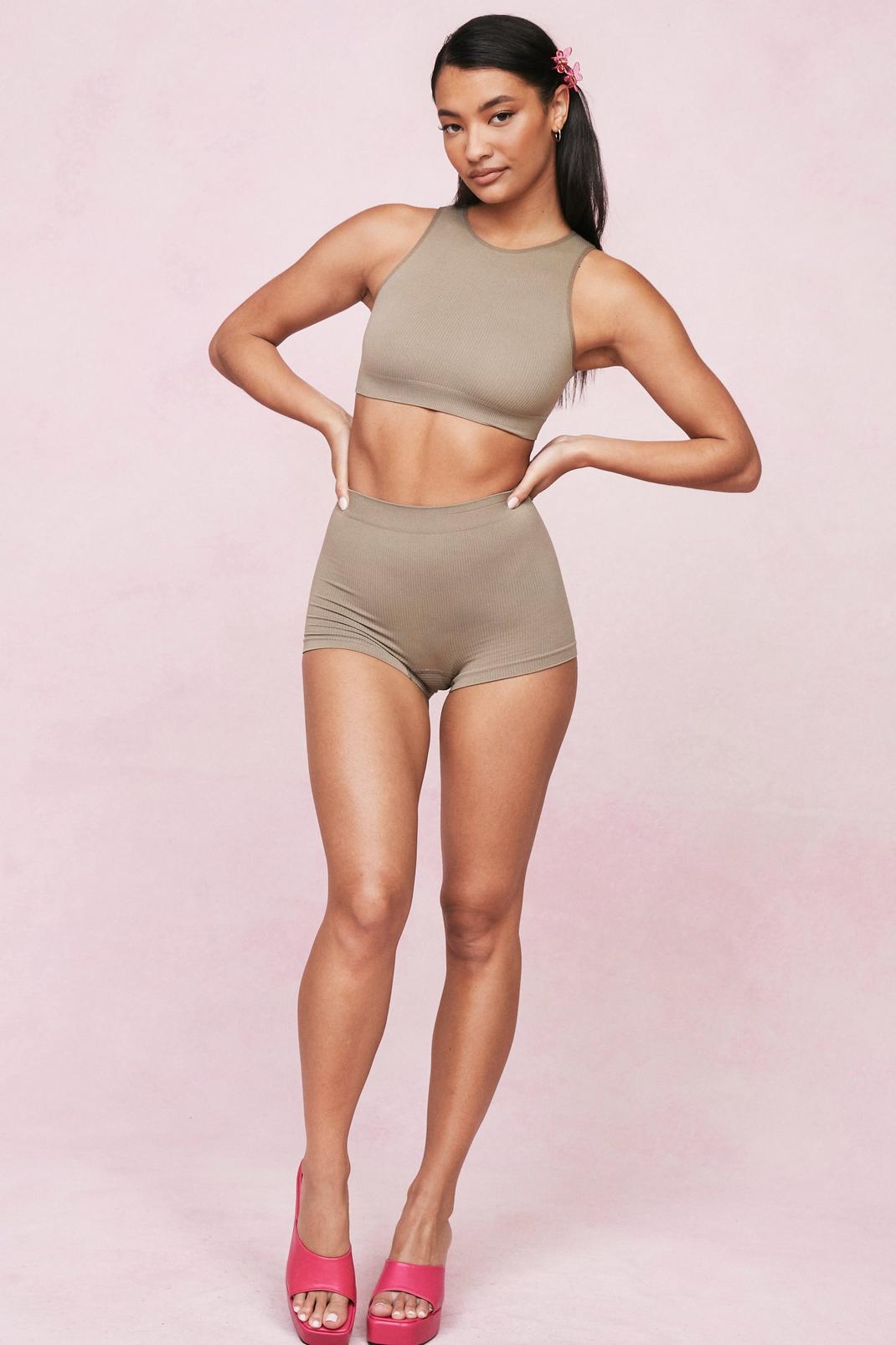 Taupe Seamless Crew Neck Racerback Bralette image number 1