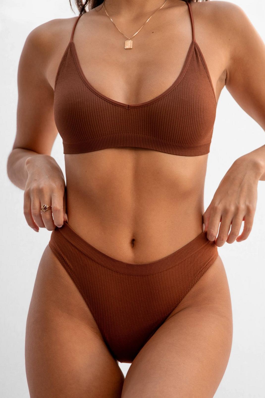 Brown Seamless Ribbed High Waisted Thong image number 1