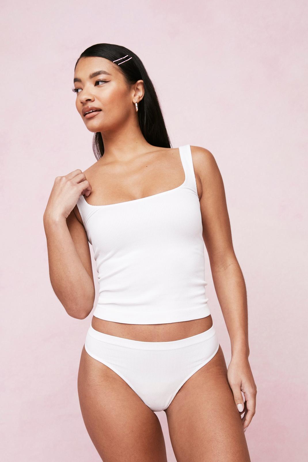 Cream Seamless Ribbed High Waisted Thong image number 1