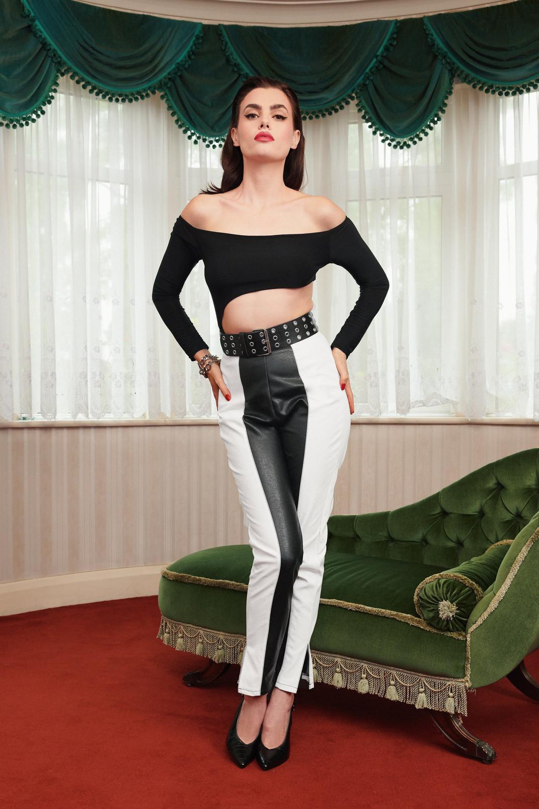 Black That's Two-Tone Bad Faux Leather Tapered Pants image number 1