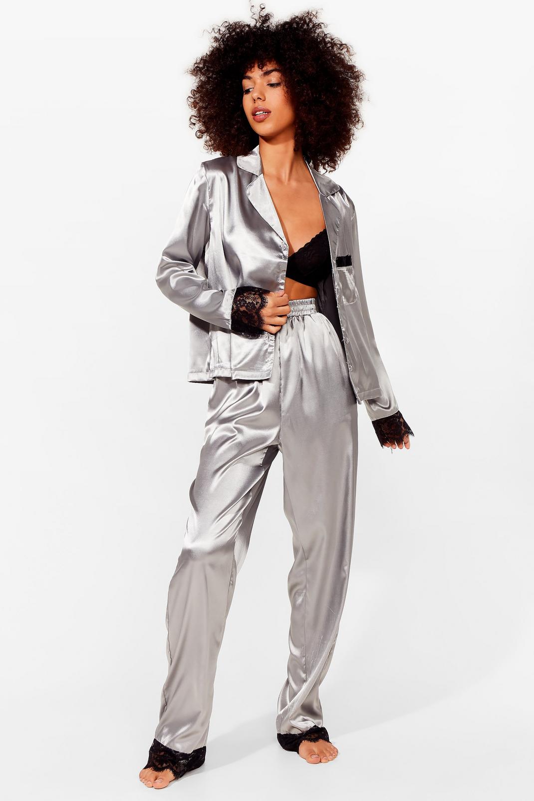 Invest in Rest Satin Lace Pajama Shirt and Pants Set image number 1