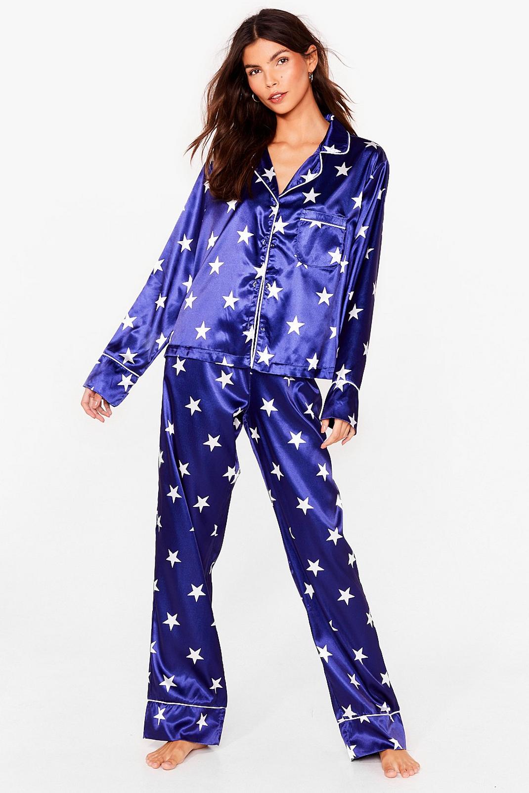 Navy Make a Star-t Satin Shirt and Pants Pajama Set image number 1
